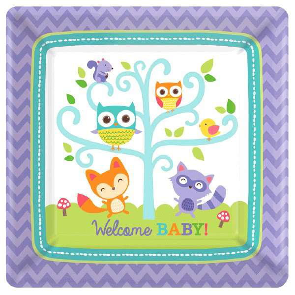 BABY SHOWER Woodland Welcome SMALL PAPER PLATES 8 ~ Party Supplies Cake Purple 