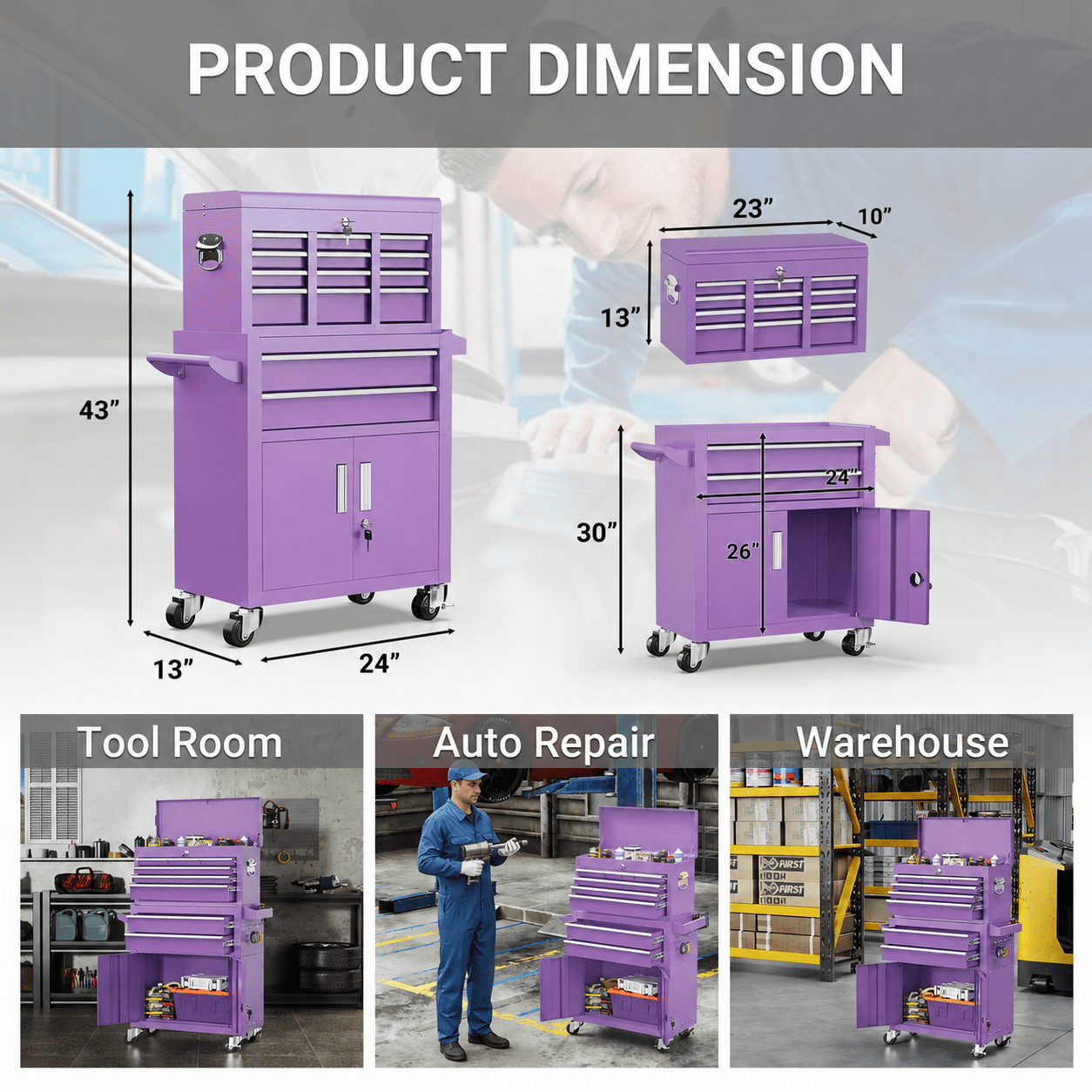2-IN-1 Rolling Tool Chest, Stainless Steel Tool Organizer Box Hidden Set, Tool Storage On Wheels W/ 8 Sliding Drawers for Workshop Garage Studio Hair-Salon, Purple