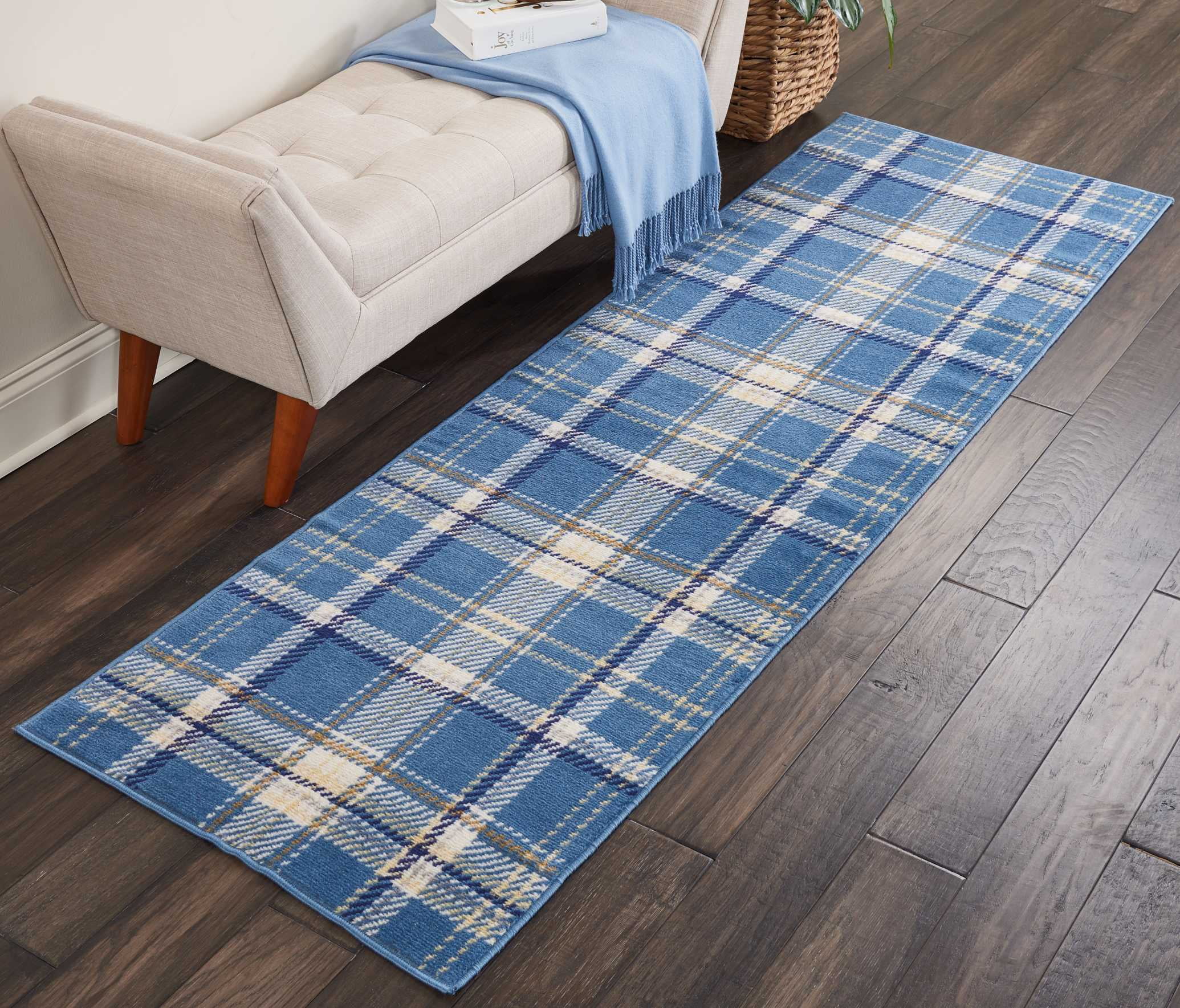Nourison Grafix Modern Plaid Blue 2'3" x 7'6" Area Rug, (8' Runner
