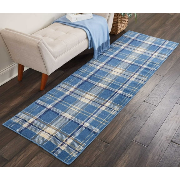 Nourison Grafix Plaid Blue 2'3" x 7'6" Area Rug, (2x8)