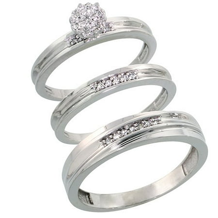 Sterling Silver Diamond Trio Wedding Ring Set His 5mm & Hers 3mm Rhodium finish, Ladies Size (The Best Wedding Rings In The World)