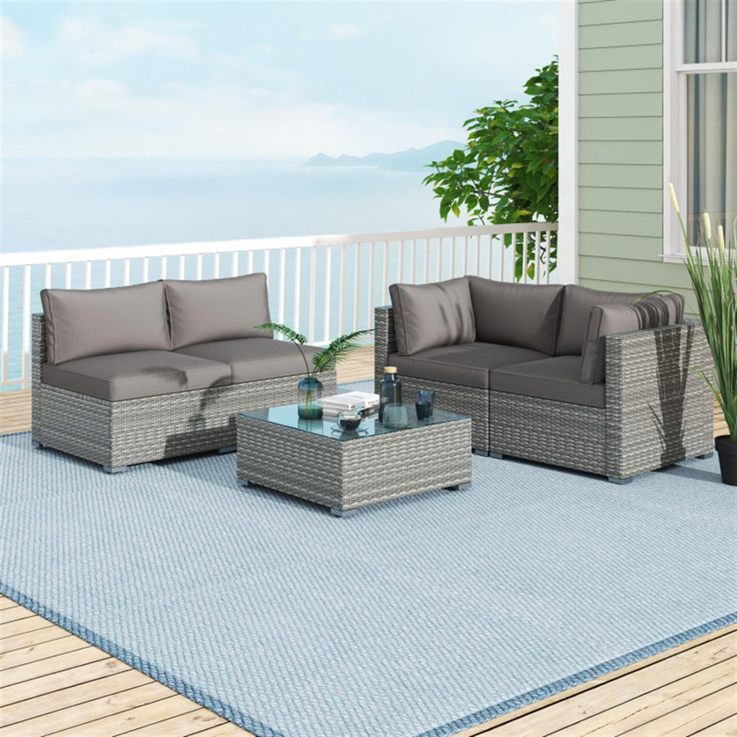 Demi Bonn 5-Piece Outdoor Patio Furniture Sets Sectional Sofa Couch and Glass Coffee Table with Cushions for Yard, Pool or Backyard, Gray