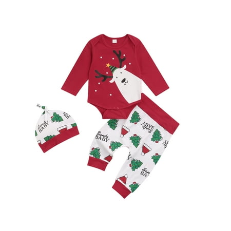 

Canrulo 3Pcs Newborns Infant Baby Boys Girls Christmas Clothes Deer Print Long Sleeve Romper Pants Hat Outfits Red 0-3 Months