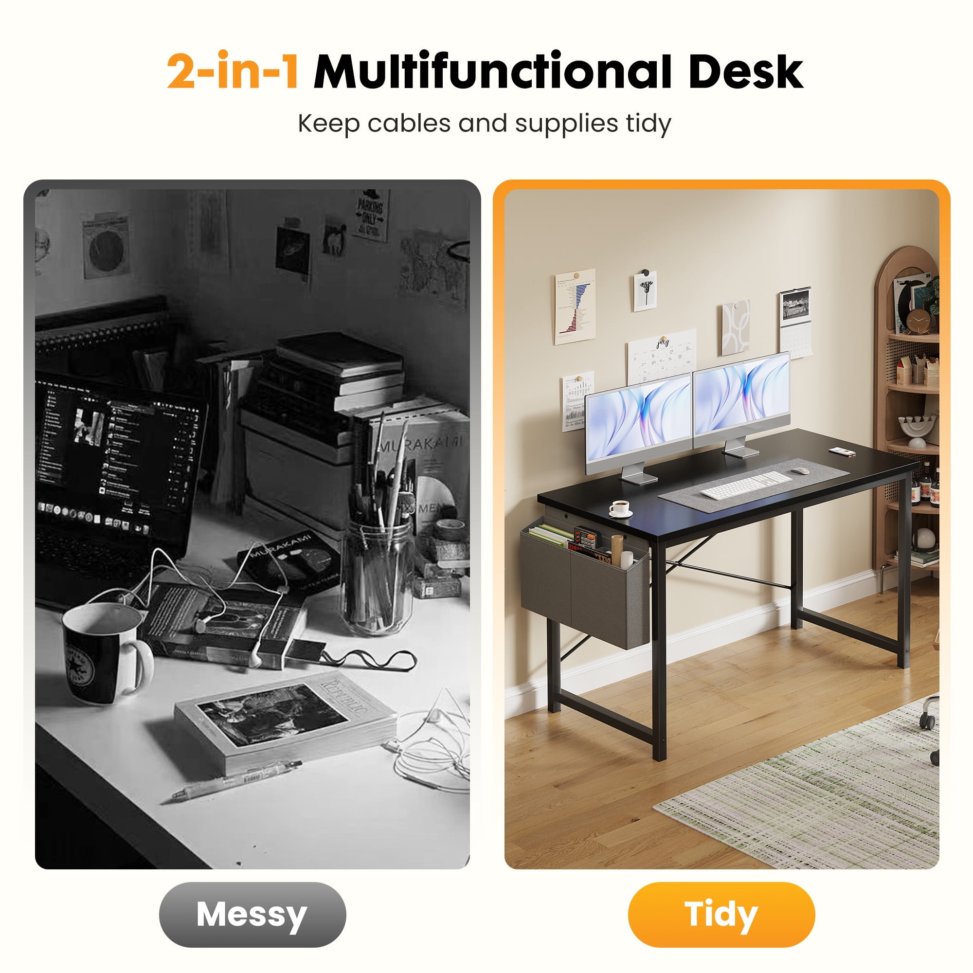 EDX 47" Computer Desk with Metal Frame, Scratch-Resistant Surface & Side Storage Bag – Modern Office Desk, Black