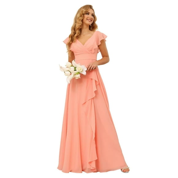 Vestido de dama de honor TIRAS, talla grande, gasa con volantes, coral, 22 W
