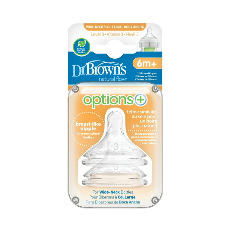Dr. Brown's Natural Flow Level 3, Wide-Neck Baby Bottle Nipple, Medium-Fast  Flow, 100% Silicone, BPA Free, 2-Pack, 6m+ 