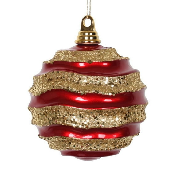 Vickerman 6" Red and Gold Stripe Candy Finish Wave Ball Christmas Ornament with Glitter Accents