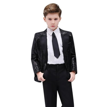 Boys Tshirts Boy'S Elegant Sequin Weddings Parties Formal Long Sleeve Suit Coat Tie Boys' Tops Black 4-5 Years