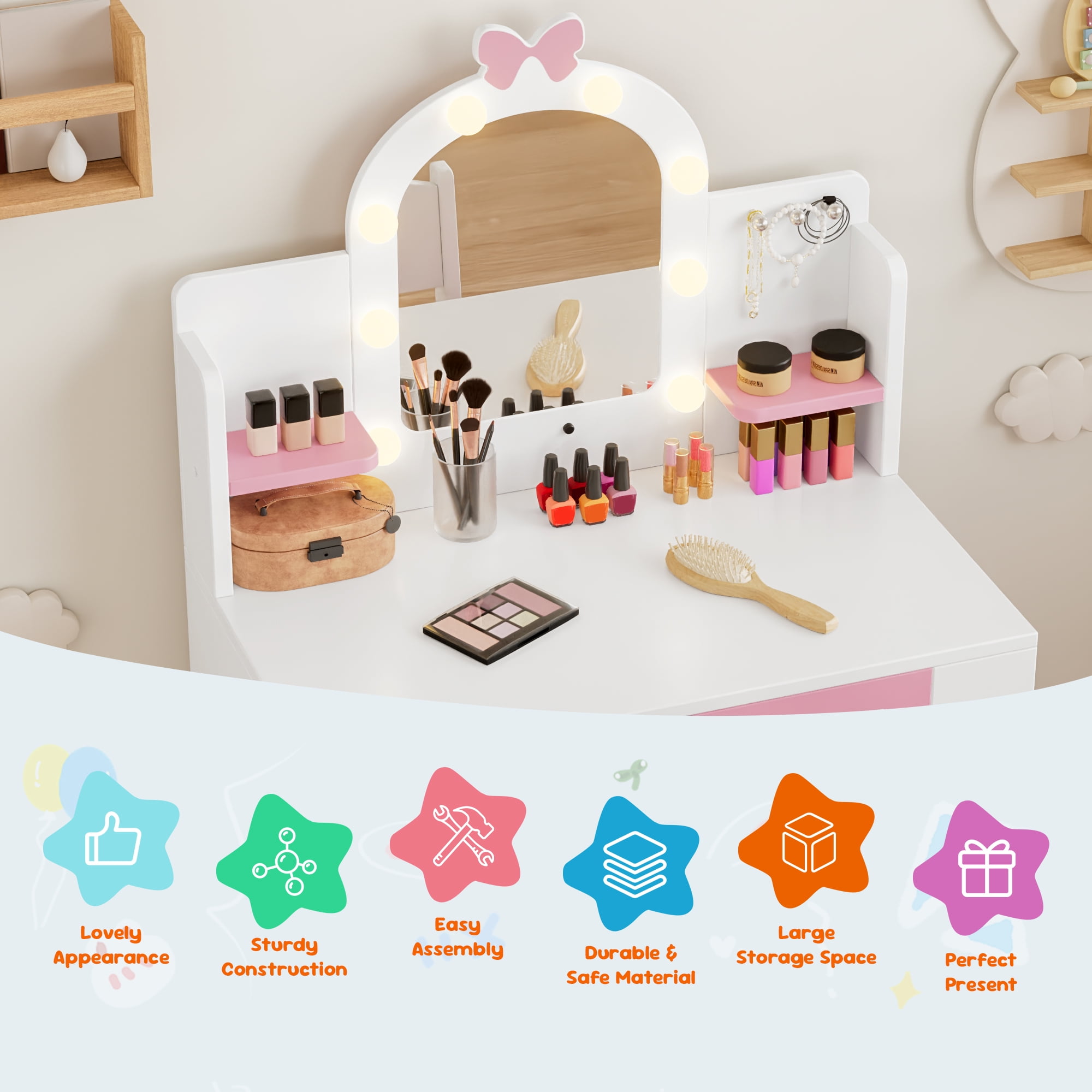Reasea 1 Piece Kids LED Lights Vanity Desk Table Set White