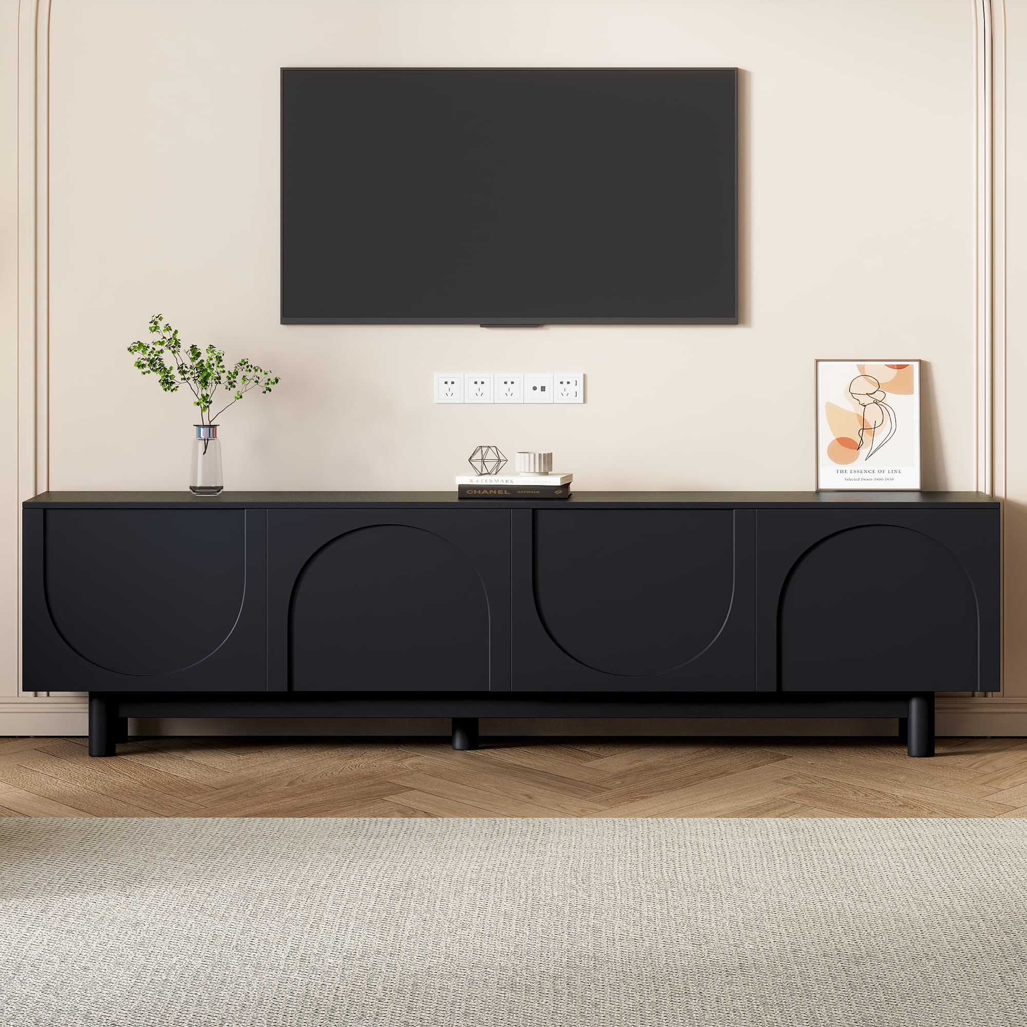 Euroco Modern Arched Door TV Stand with Adjustable Shelves and Cable Management – Media Console with Solid Wood Legs