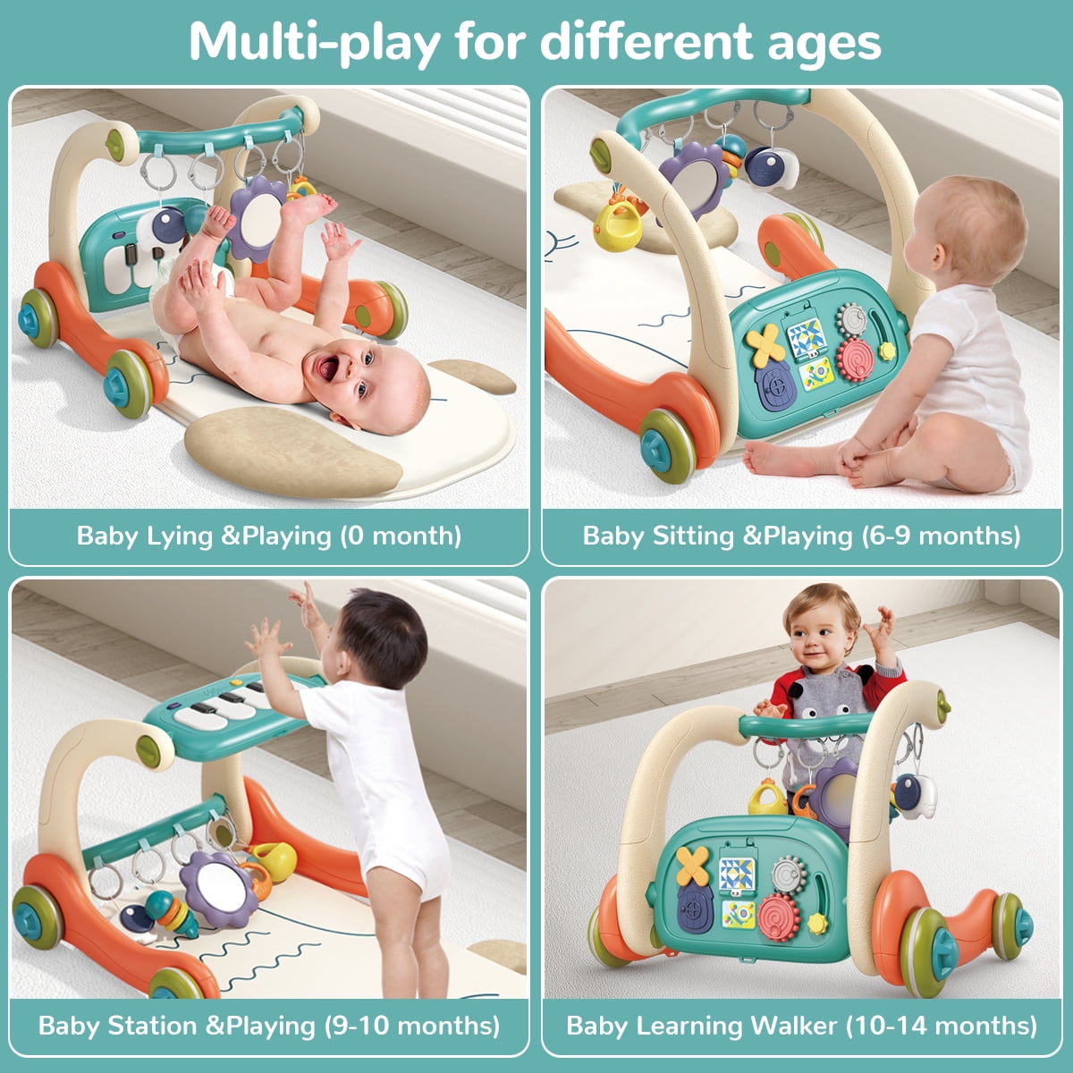 Fisca 3 in 1 Baby Gym Play Mat, Baby Activity Play Mat with Play Piano, Baby Play Gym with 5 Learning Sensory, Baby Learning Walkers & Tummy Time Mat for for 0-24 Months Infant