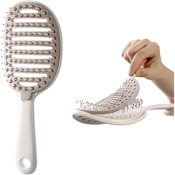 wonima11 Self Cleaning Hair Brush, Easy Clean Detangling Brush, Curved Vented Detangler Brush for Faster Blow Drying for Women Men Kids, Wet & Dry Hair (White)