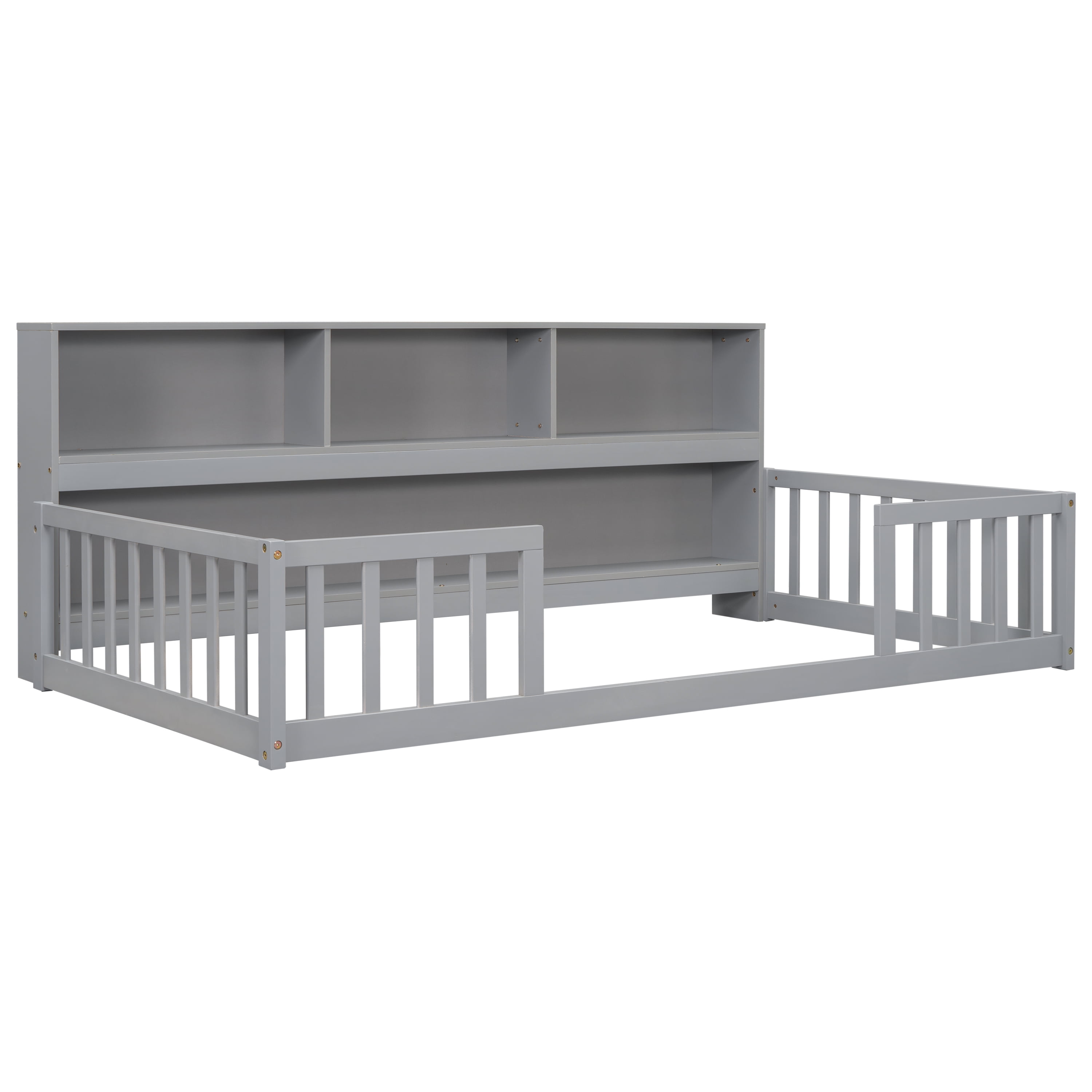 Miniyam Twin Floor Bed with Bookcase Shelves and Guardrails, Wood Low Profile Bed Frame, Gray