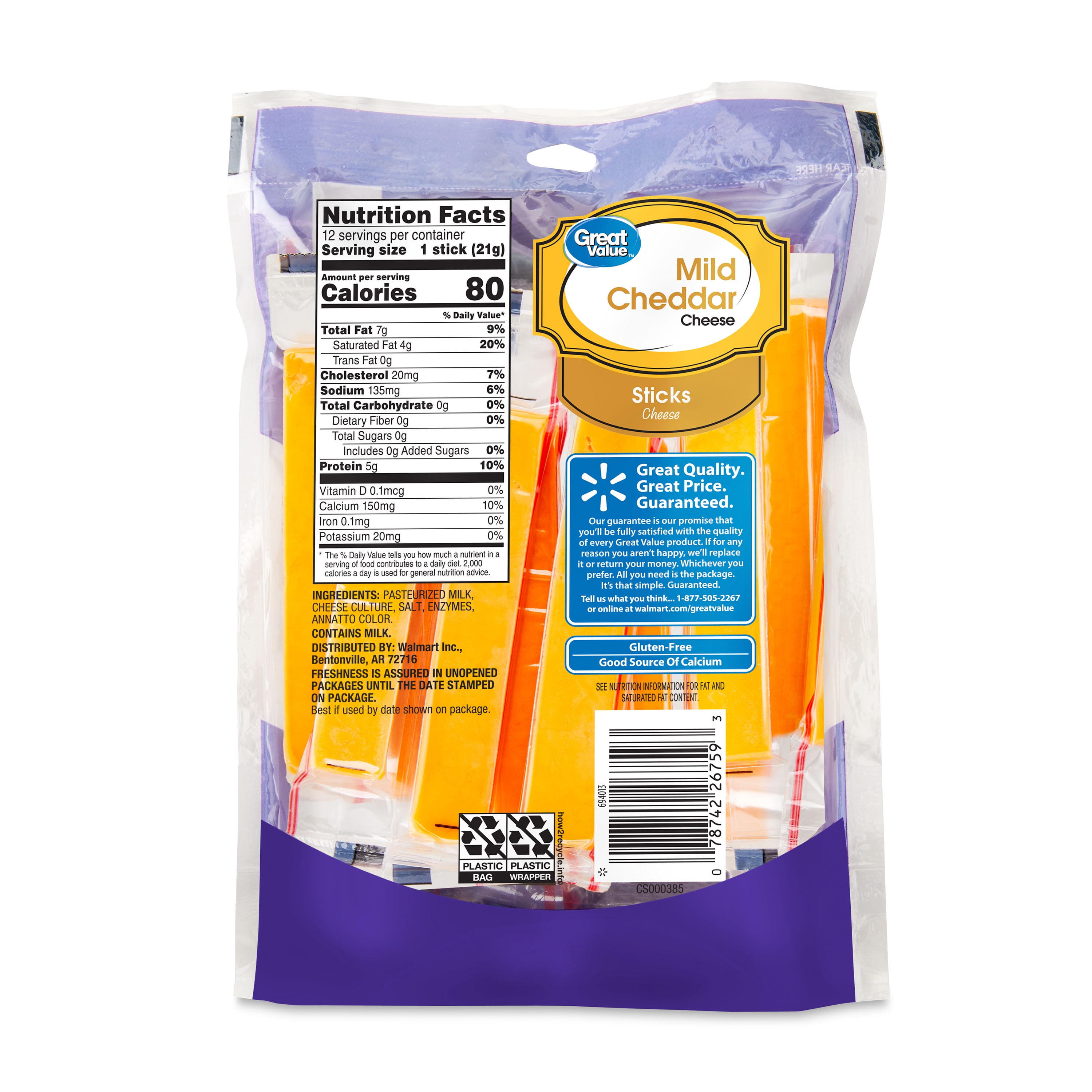 Great Value Mild Cheddar Cheese Snack, 9 oz Bag, 12 Cheese Sticks