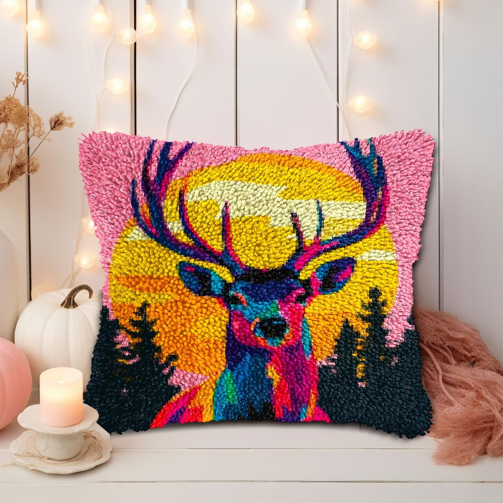 Animal Elk and Sunset Trees DIY Latch Hook Pillow Kits for Adults Printed Pillowcase Crochet Yarns Hooking Handmade Pillow Cover Cushion for Home Sofa Decoration 17x17inch