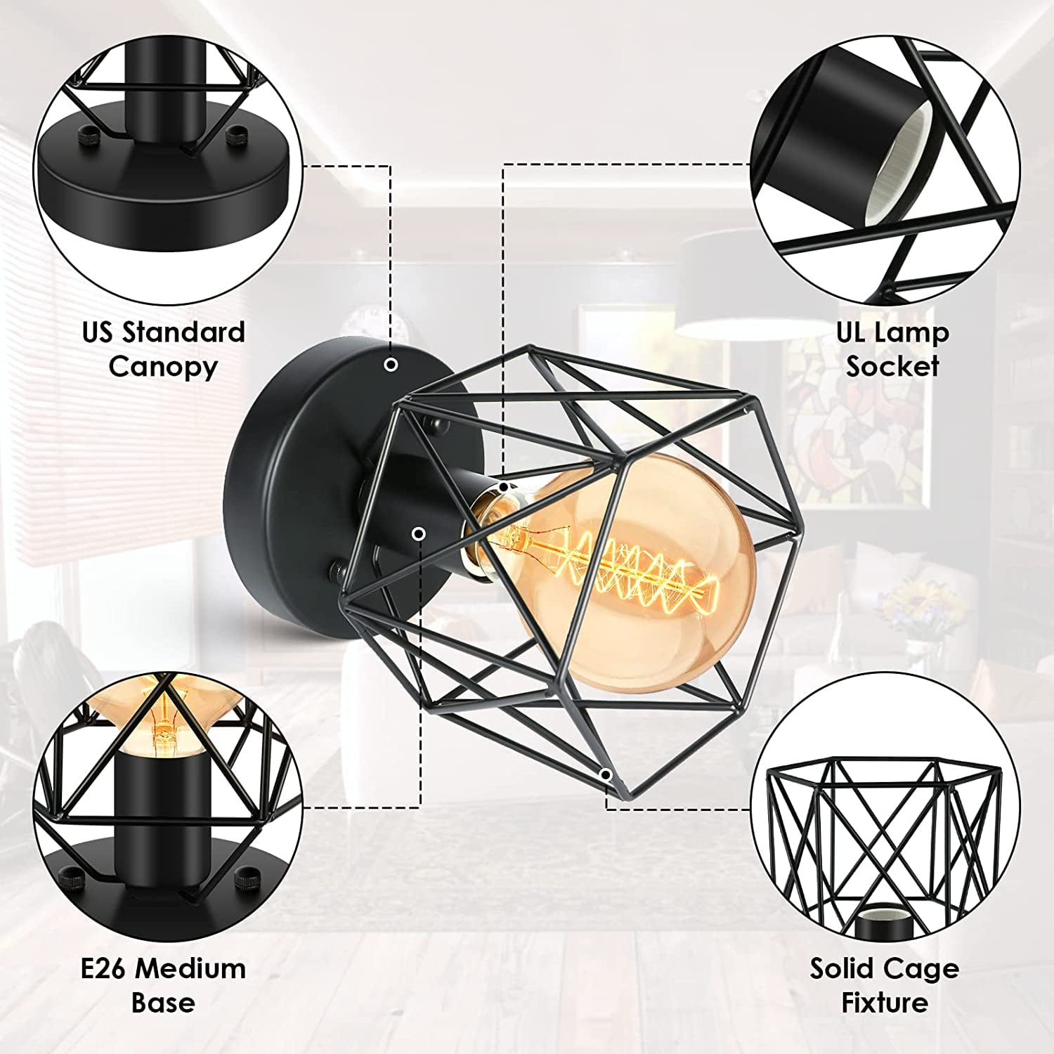 Flush Mount Ceiling Light, E26 Industrial Metal Cage Lights Fixtures Ceiling Mount(4 Packs)