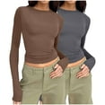 thumbnail image 2 of Nfurl 2 Pack Womens Slim Fit Long Sleeve Shirts Comfy Solid Color Crewneck Blouses Soft Pullover Tops 2025 Fall Outfits Brown L, 2 of 3