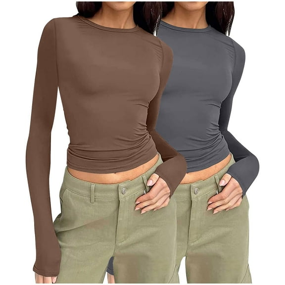 Oplxuo 2 Pack Womens Long Sleeve Fitted Shirt Fall Crewneck Pullover Crop Tops Basic Solid Layering Y2K Tight T Shirts