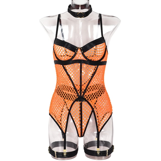 Falda sexy europea y americana de 3 piezas con costura de malla grande y anillo de acero para el cuello y la pierna, ropa interior 3367