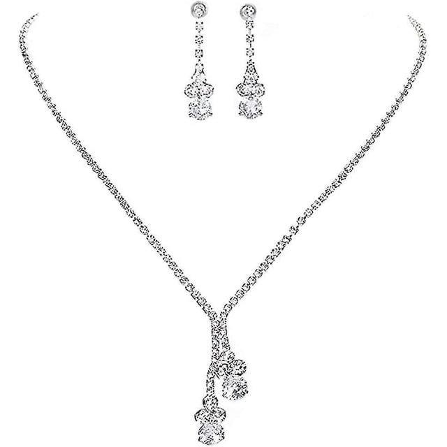 Conjunto de joyas de boda de plata con collar y pendientes de piedras preciosas de plata, diamantes de imitación y perlas.