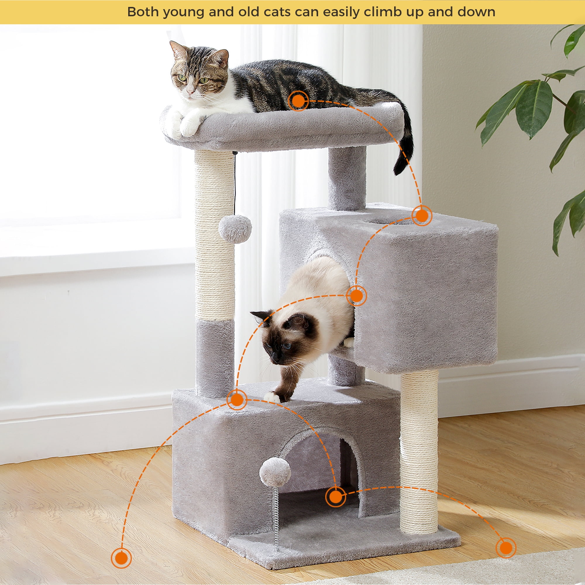Pefilos 31" Multi-Level Cat Tree Tower, Cute Sisal Play House Climber Activity Centre Furniture with Scratching Posts Hammock Dangling Ball, Gray Pefilos 31" Multi-Level Cat Tree Tower, Cute Sisal Play House Climber Activity Centre Furniture with Scratching Posts Hammock Dangling Ball, Gray