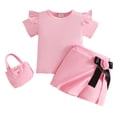 thumbnail image 6 of WRKEKC Girls 2 piece Outfits Short Sleeve Ribbed Top and Bow Skirt Pants with Bag 3 Piece for 6 Months-3 Years, 6 of 9