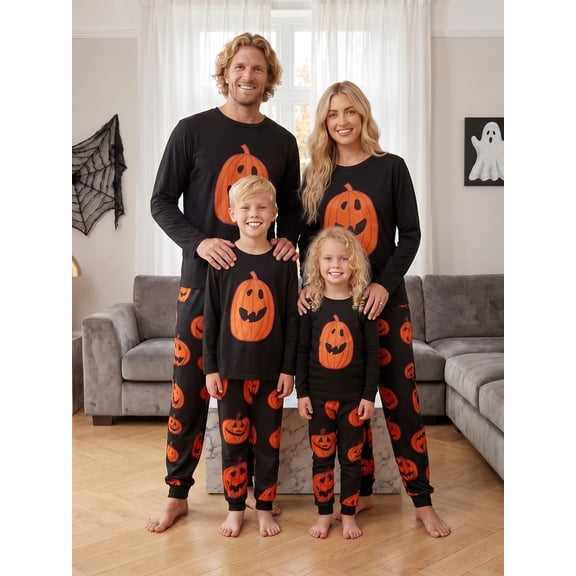 Family Matching Halloween Pajamas Dog Clothes Pumpkin Print Long Sleeve Tops and Pants Sleepwear Set