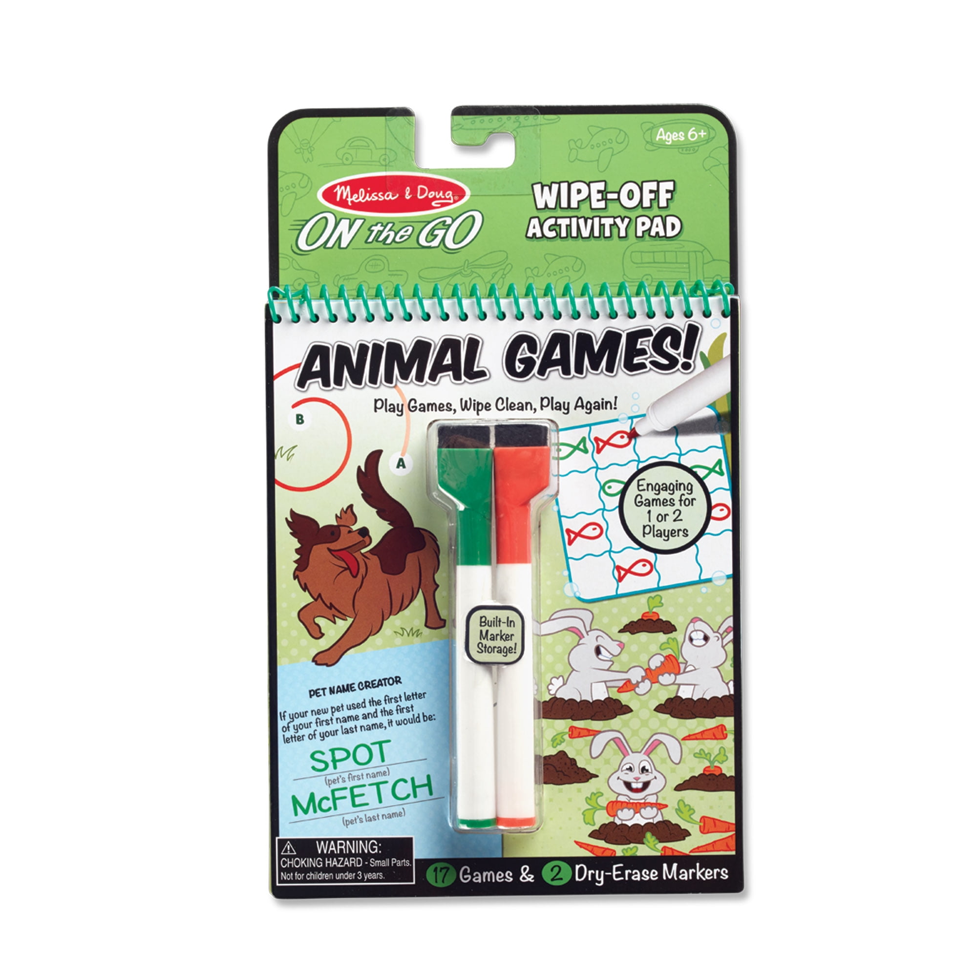 Melissa & Doug On the Go Animal Games Wipe-Off Activity Pad Reusable Travel Toy with 2 Dry-Erase Markers