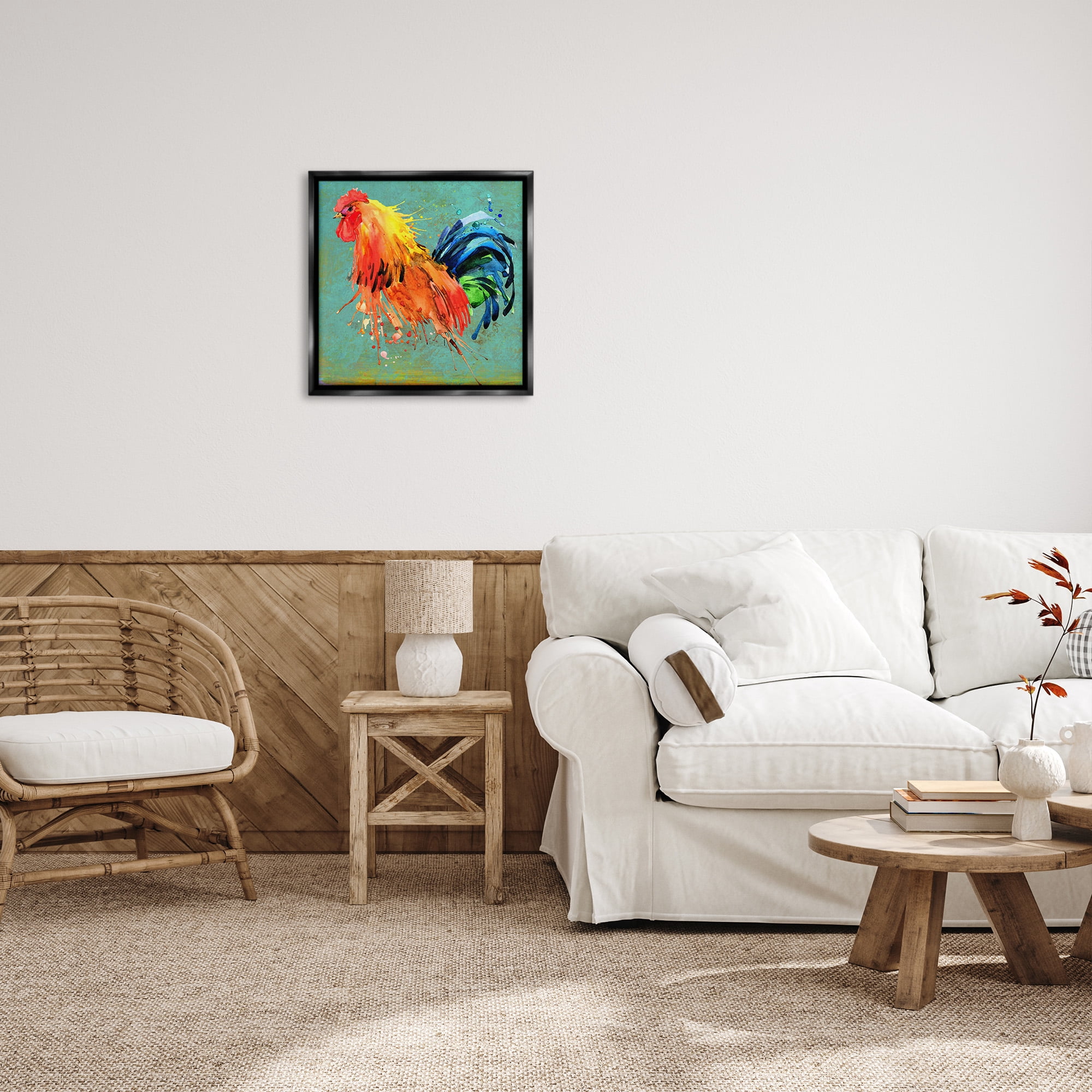 Stupell Industries Urban Abstract Rooster Splash Animals & Insects Painting Black Floater Framed Canvas Art Print Wall Art, 25 x 25