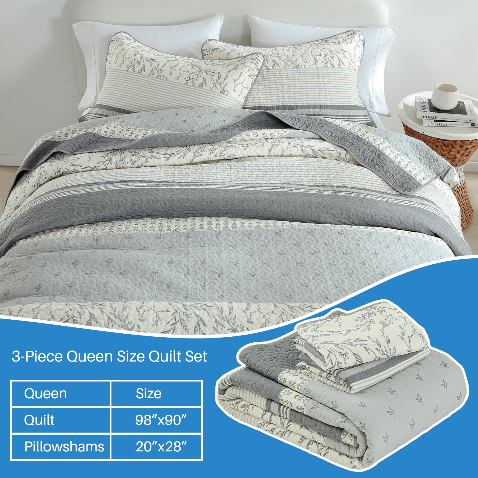 Bedduvit Gray Striped Queen Size Quilts - 100% Cotton Vintage Botanical Floral Queen Quilted Bedspread, Lightweight Framhouse 3-Piece Bedding Set for All Season, Retro Coverlet for Queen Bed, 98x90