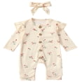 thumbnail image 1 of 2 Pcs Combinaison à Boutons à Manches Longues à Col Rond pour Bébés Filles, Imprimé Floral, Beige, 3-6 Mois, 1 of 9