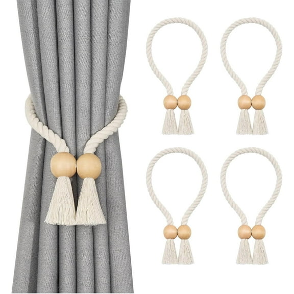 GoXteam 4 Pack Wooden Magnetic Curtain Tiebacks Boho Home Decor, Natural Cotton Hand Woven Rope Curtain Holdbacks for Home & Office Window Draperies