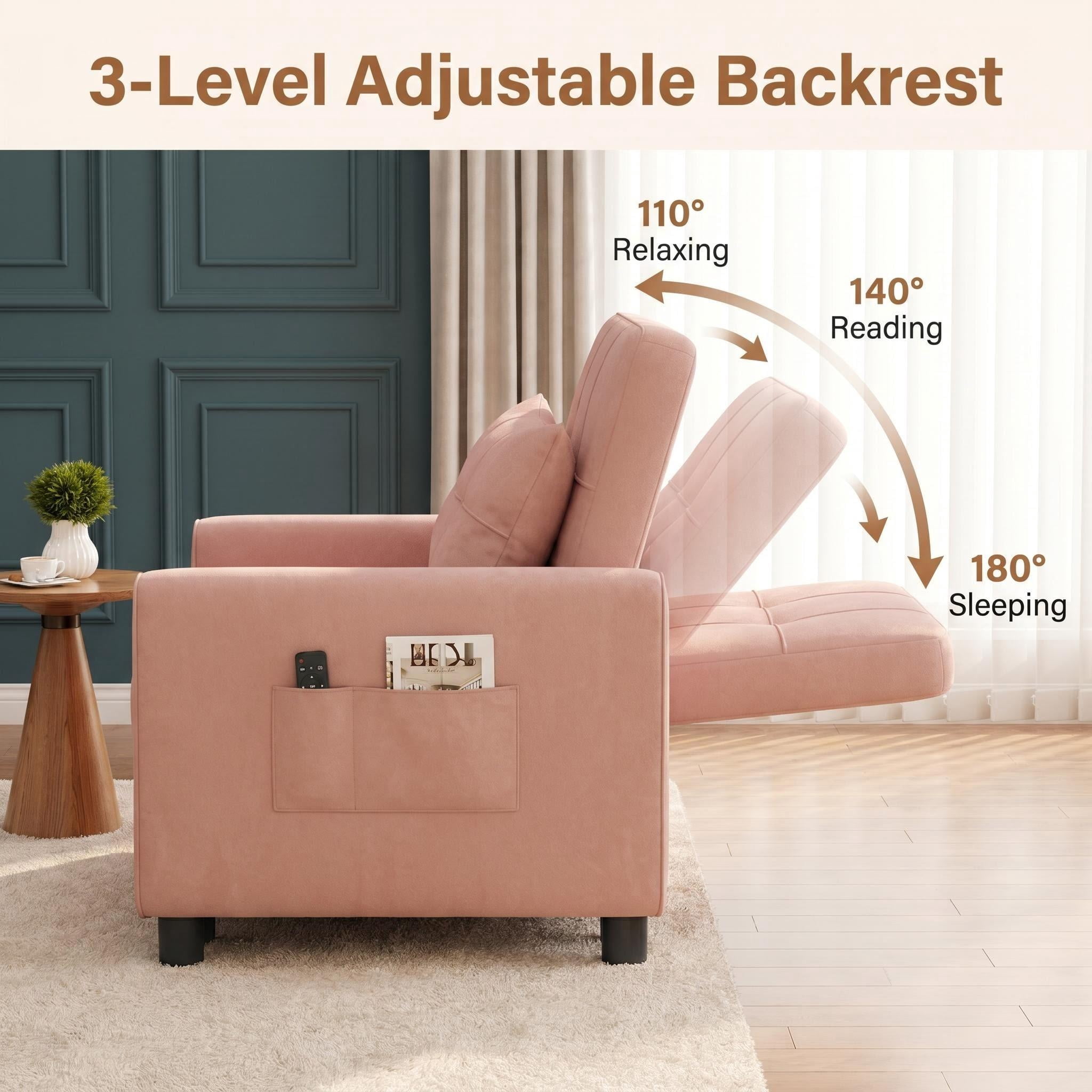 Sleeper Sofa, Lofka 3 in 1 Convertible Single Sofa Bed with Pull Out Couch for Living Room, Apartment,Pink