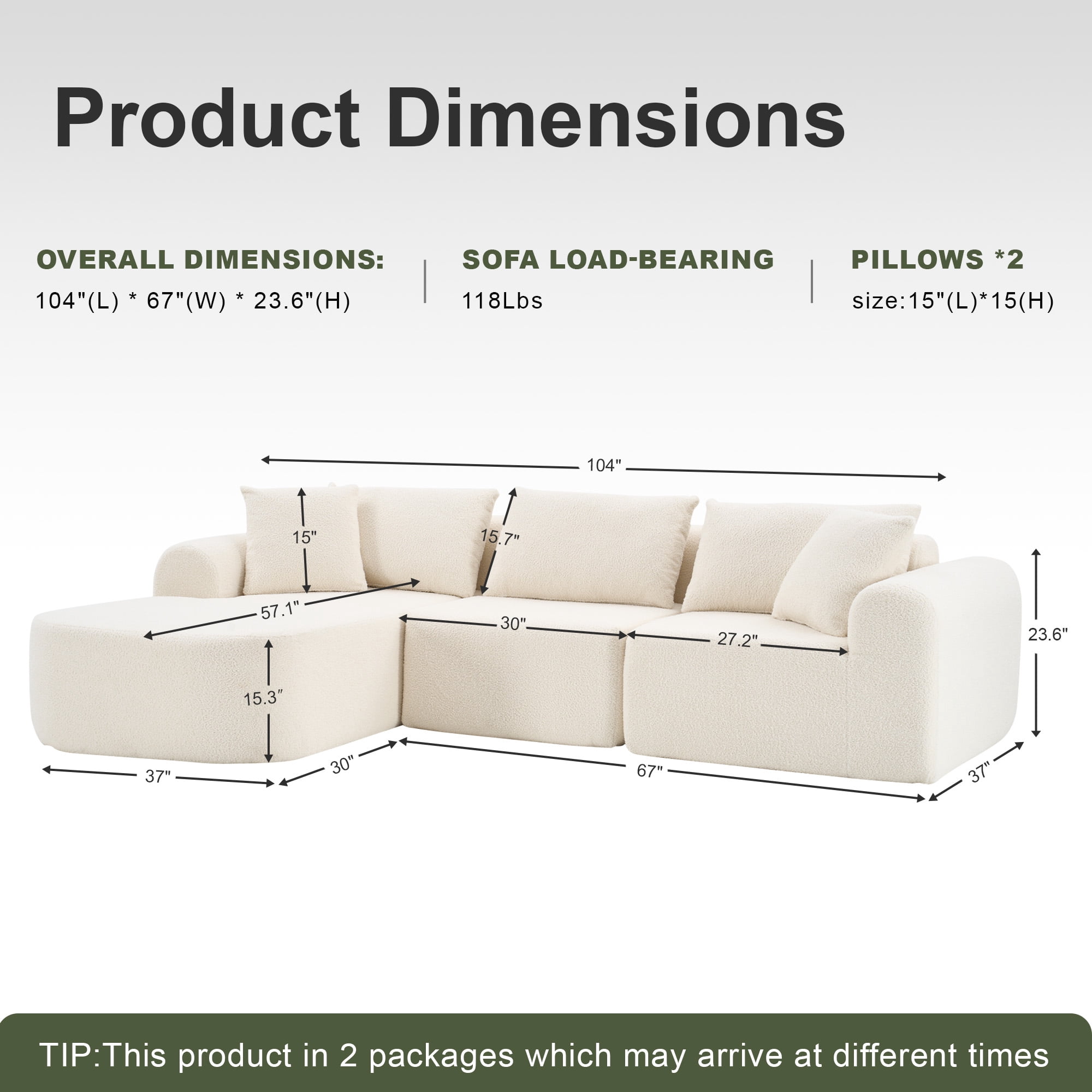 MAYEERTY Modern Lamb Fleece Modular Sofa, Sectional Boneless Couch for Home, 104×67" Beige