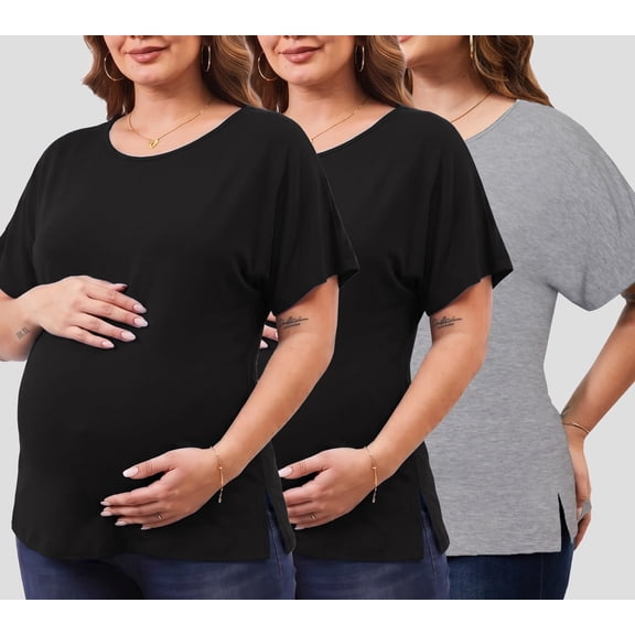 Women's Plus Size Maternity Tops Clothes Short Sleeve Pregnancy T Shirts Casual Loose Summer Pregnancy Clothes 1X-5X 3 Pack