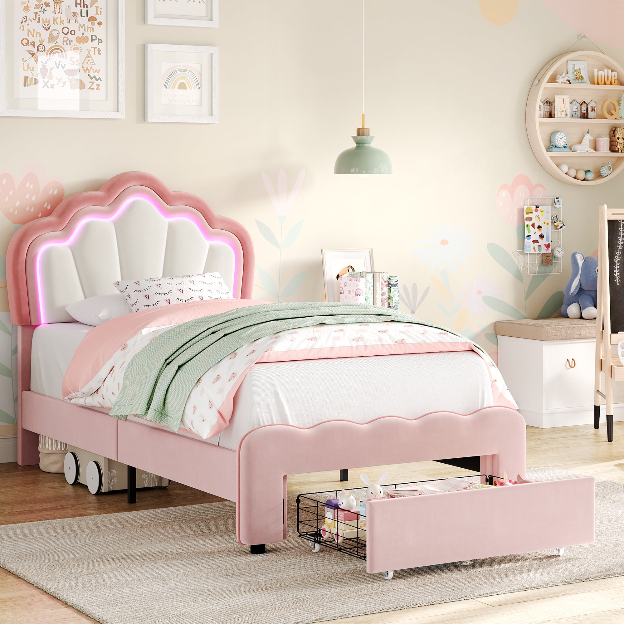 Homfa Twin Size LED Bed Frame with Drawer, Velvet Upholstered Platform Bed Frame with Adjustable Petal Headboard, Pink