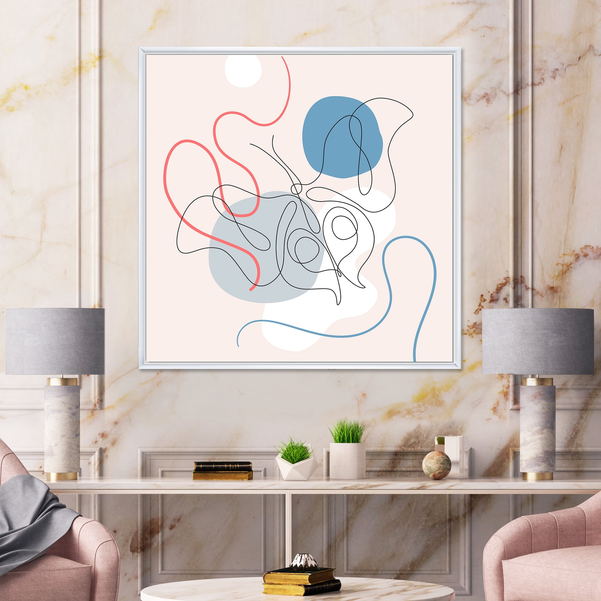 Designart 'Butterfly With One Line Drawing On Cubism Shapes II' Modern Framed Canvas Wall Art Print