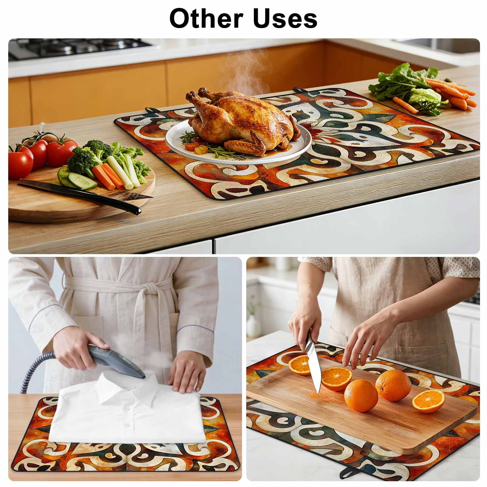 Burnt Orange Green Stove Top Cover for Electric Stove, Heat-proof & Non Slip Glass Top Stove Cover Protector, Vintage Abstract Flowers Kitchen Flat Cooktop Rubber Mat 24x21 Inches