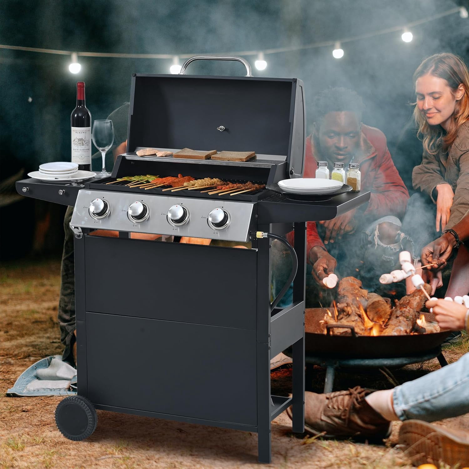 Aminy 4 Burner Propane Gas Grill for Camping, 34,200 BTU Smokeless BBQ Portable Grill with Storage & Side Table, Stainless Steel Gas Grill for Kitchen and Patio Backyard