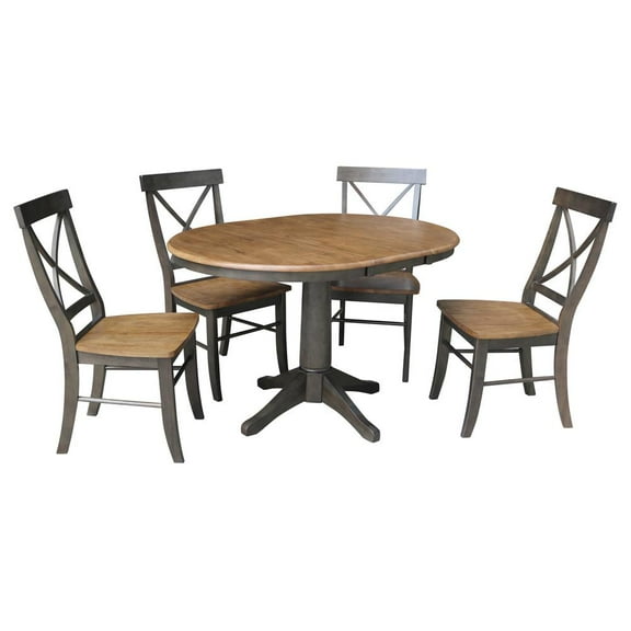 36" Round Wood Extension Dining Table with 4 Chairs in Hickory/Washed Coal