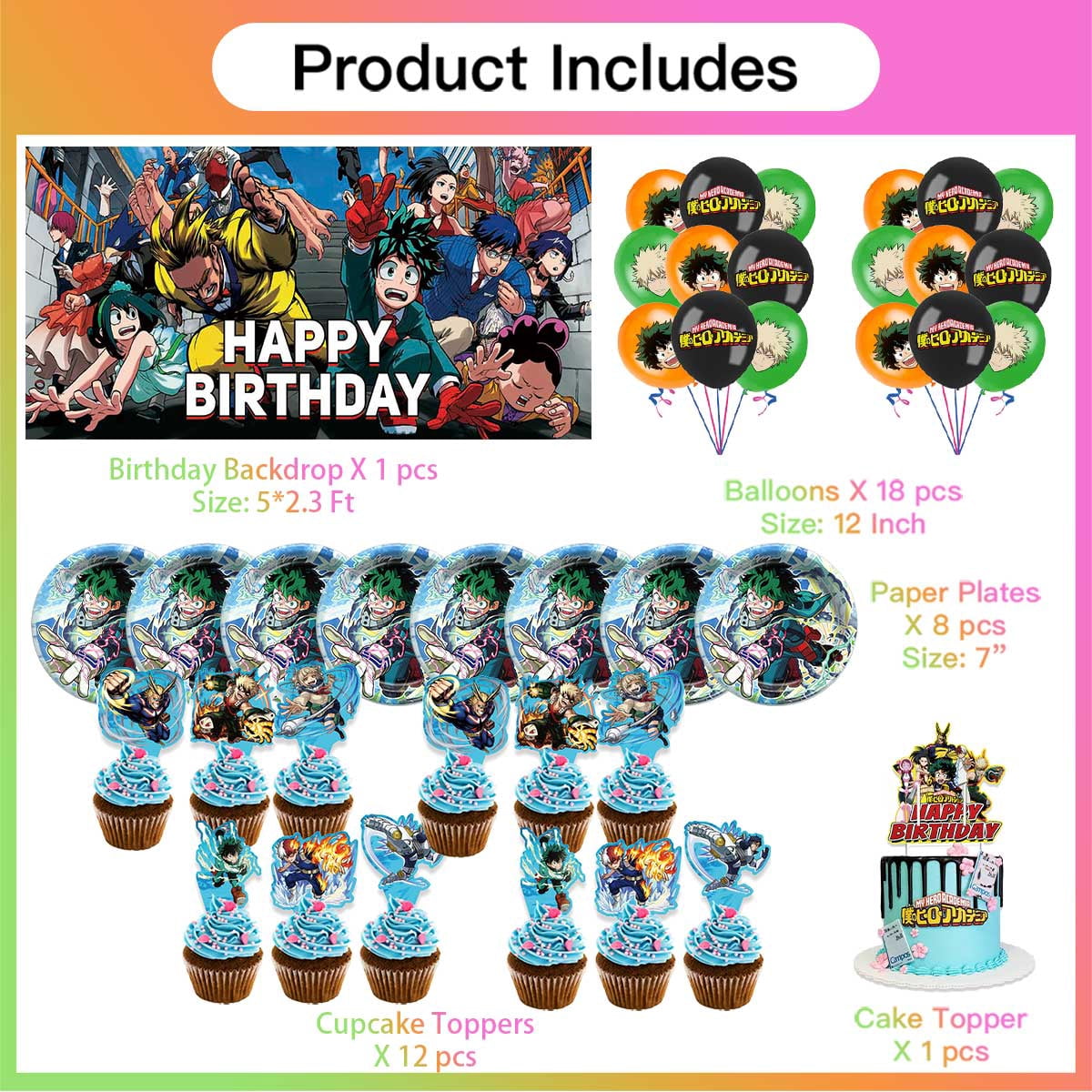 My Hero Academia Birthday Party Supplies Balloons Paper Plates Decoration Cake Topper Decor Tableware Banner Backdrop