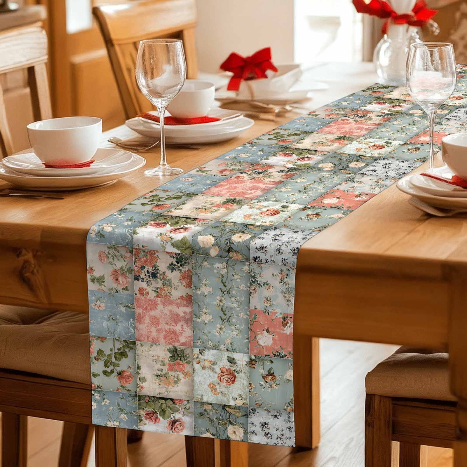 Elegant Spring Floral Cotton Linen Table Runner for Dining Kitchen, Farmhouse Summer Botanical Plaid Wedding Outdoor Party Tablerunners Decoration,Dresser Scarf Coffee Tablecloth Runners 13x90 Inches
