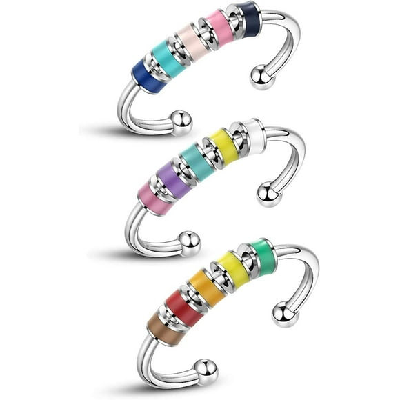 3pcs Spinning Enamel Fidget Ring, Anxiety Relief Stainless Steel Ring, Anxiety Ring With Multicolor Roller Ball