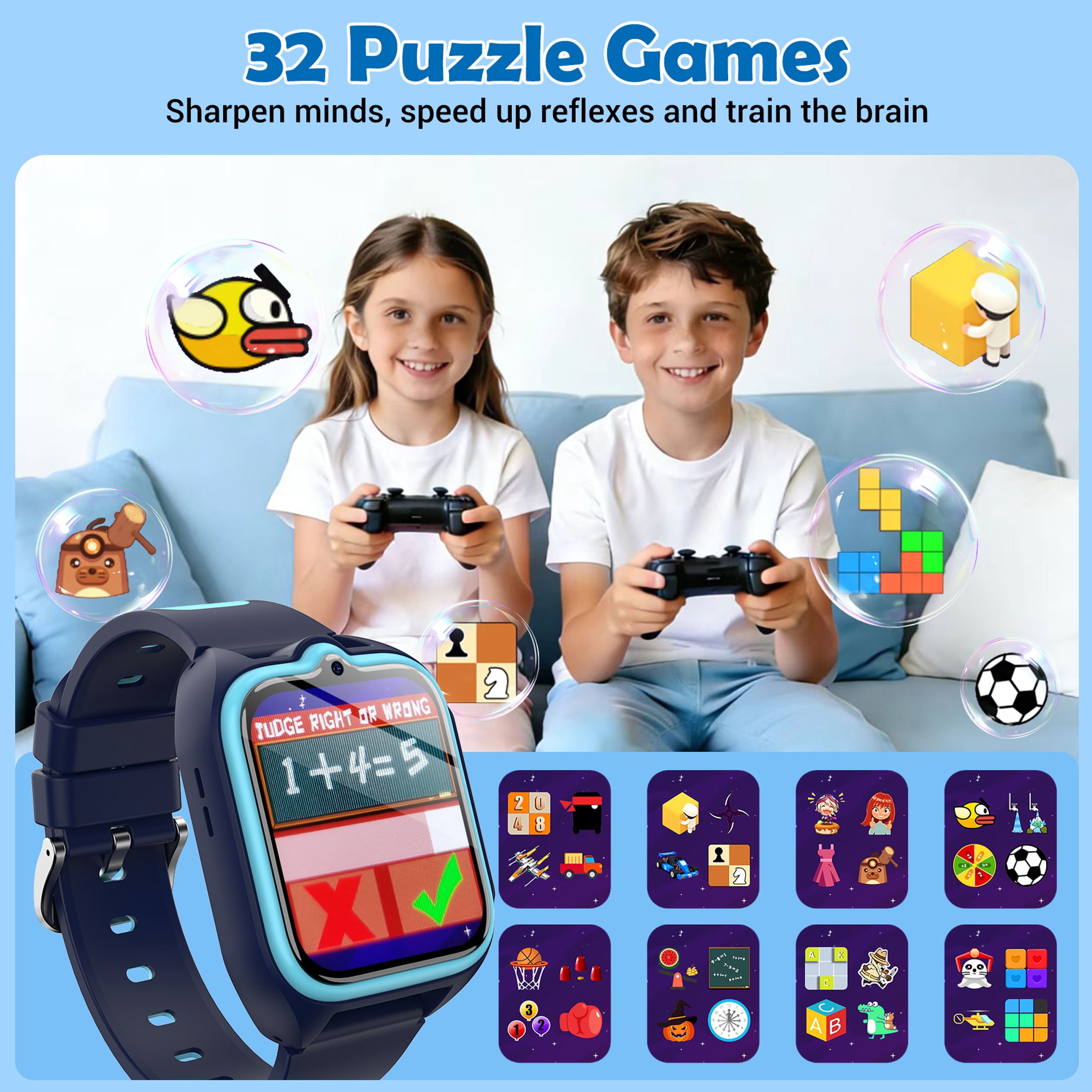 Blackview Kids Smart Watch for Boys Girls, 1.75" HD Touch Screen, 32 Educational Games, Music Player, Habit Tracker, Pedometer, IP68 Waterproof, Alarm Calculator, Gift Idea (Blue)