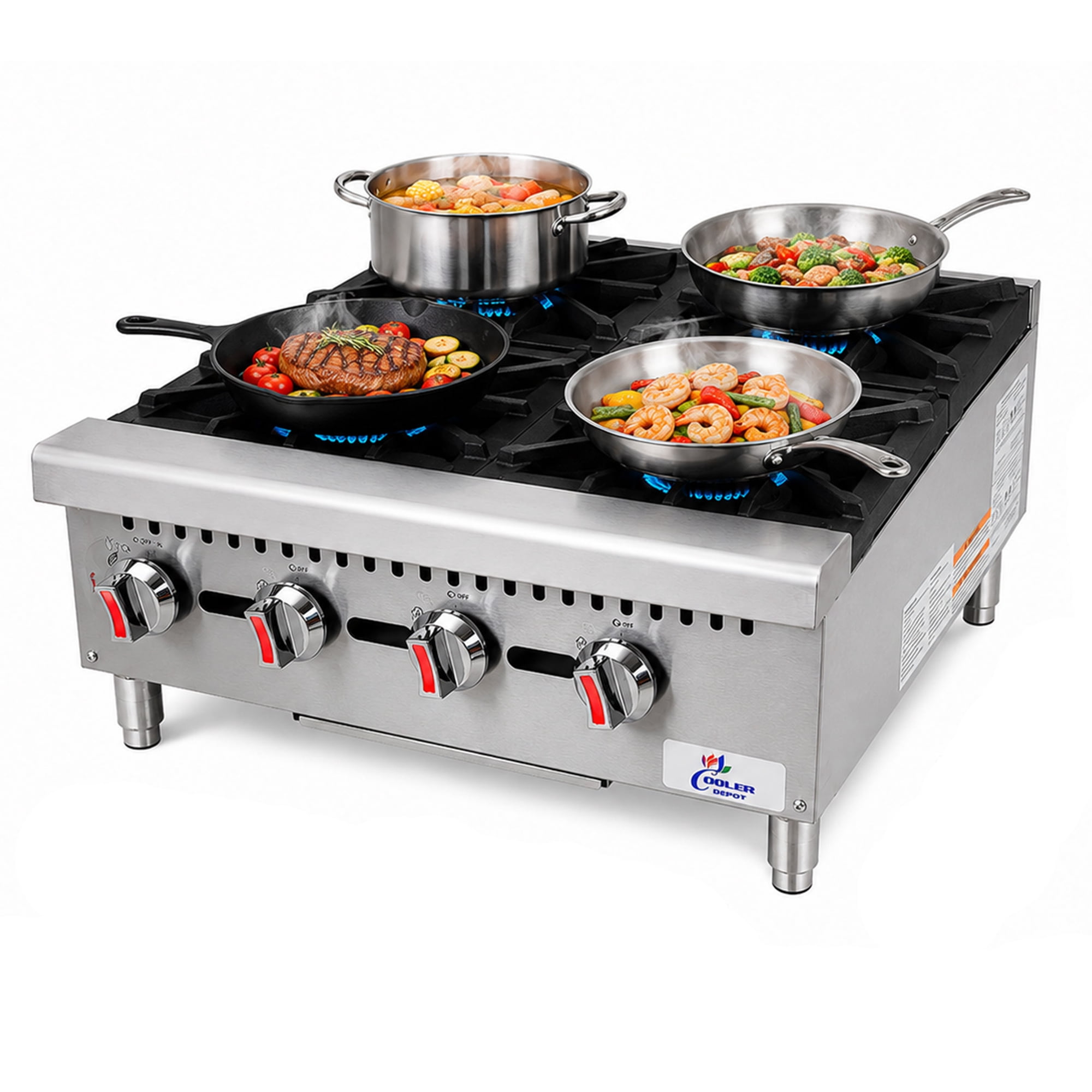 Cooler Depot NSF 24-Inch Heavy-Duty Commercial Four-Burner Gas Hot Plate with Cast Iron Burners & Stainless Steel Construction