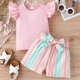 thumbnail image 4 of PatPat Toddler Girls Outfits Baby Little Girl Clothes Sets 2pcs Sweet Girly Flutter Sleeve Top and Stripe Belted Shorts Set for Gift, Pink, 4-5T, 4 of 9