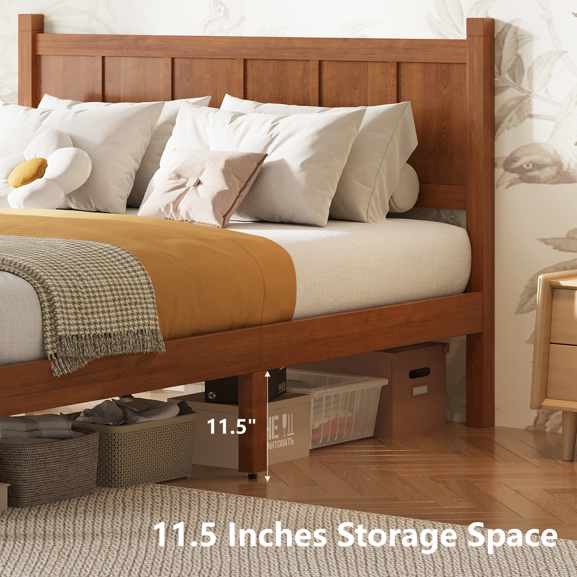 Noble House Full Platform Bed with Headboard and Footboard, Wood Frame, Light Walnut