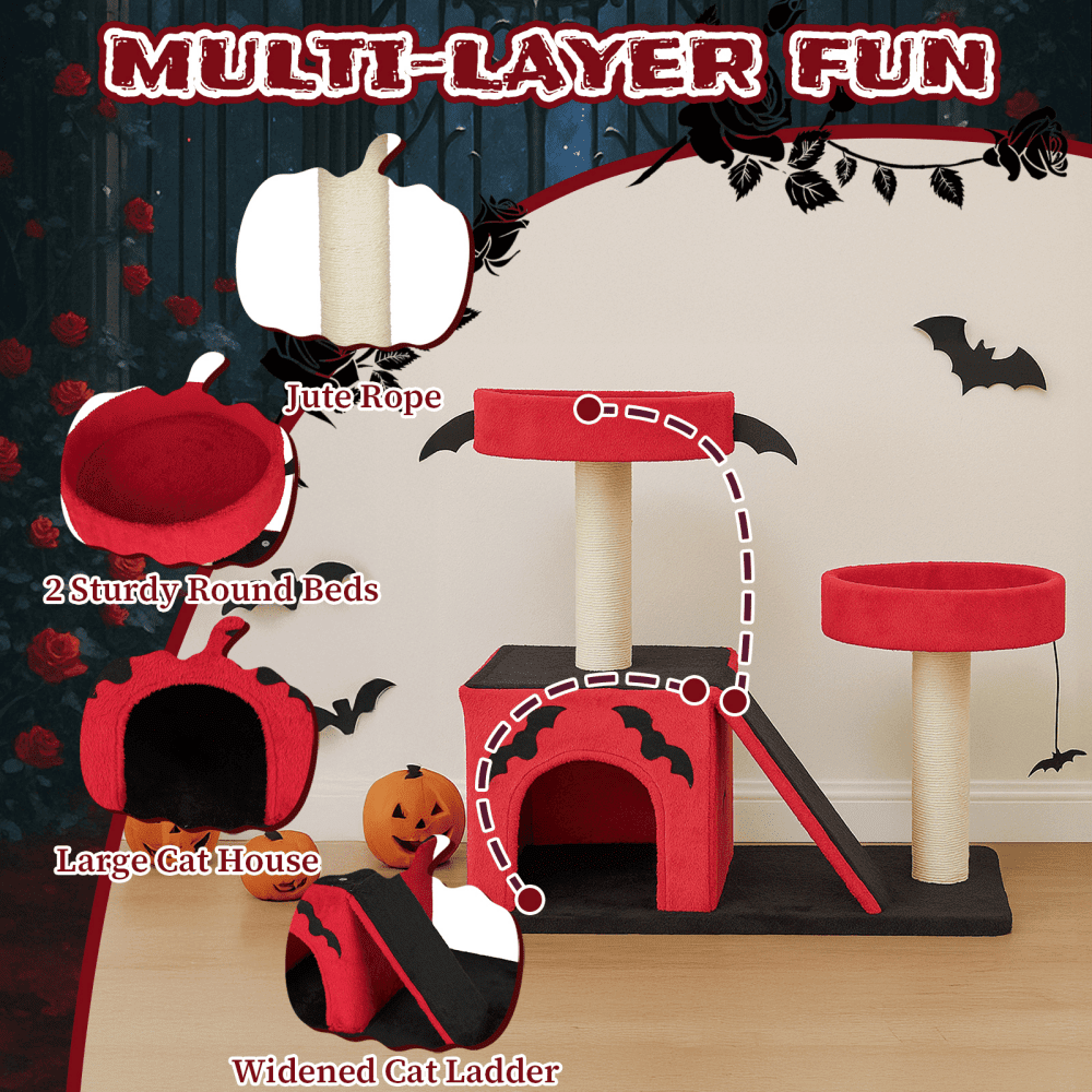 Tcbosik Gothic Cat Tree with Cat Condo, Cat House with Scratching Posts, Scratching Ladder and 2 Padded Perches, Cat Activity Center, Red & Black