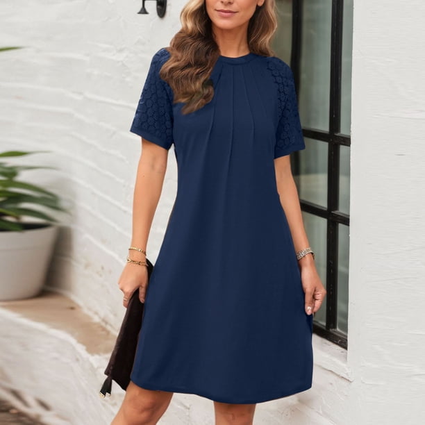 mfyjkho Vestidos de verano para mujer, Vestido informal de encaje con cuello redondo y manga corta para mujer, color liso y doblado Vestidos de fiesta para mujer m