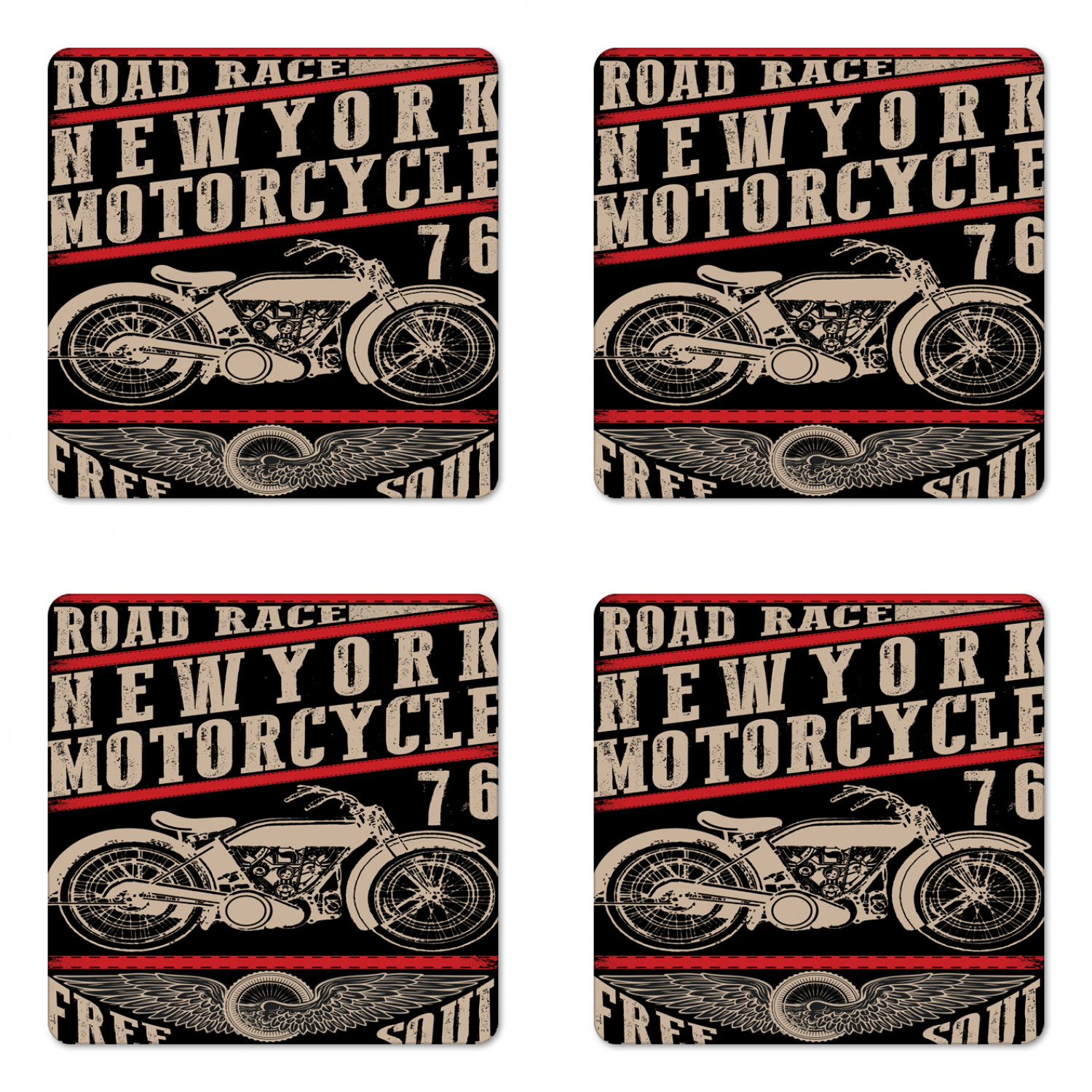 Motorcycle Coaster Set of 4, Retro Road Race New York Free Soul Poster
